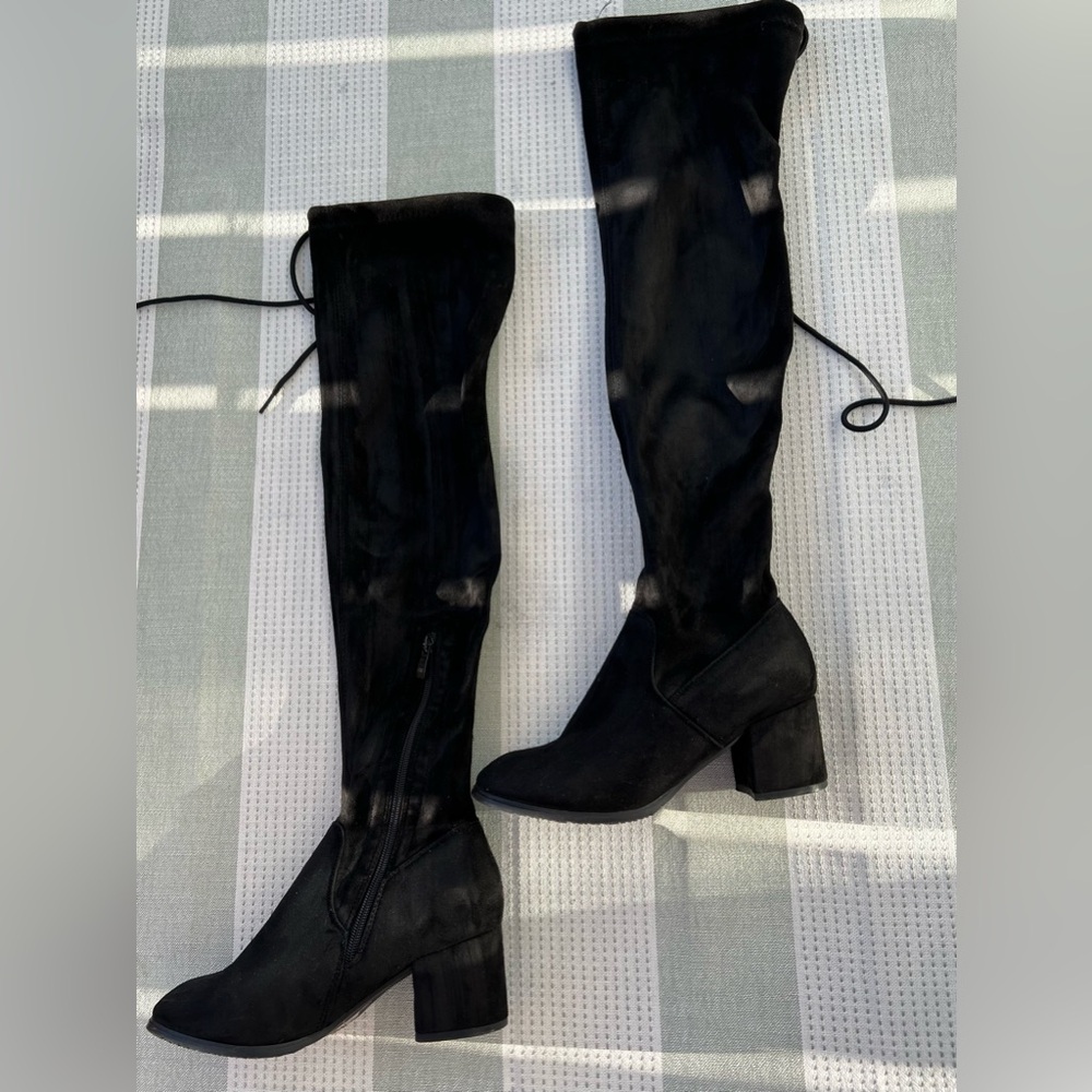 Black Over-the-Knee Suede Women's Boots with Ties
